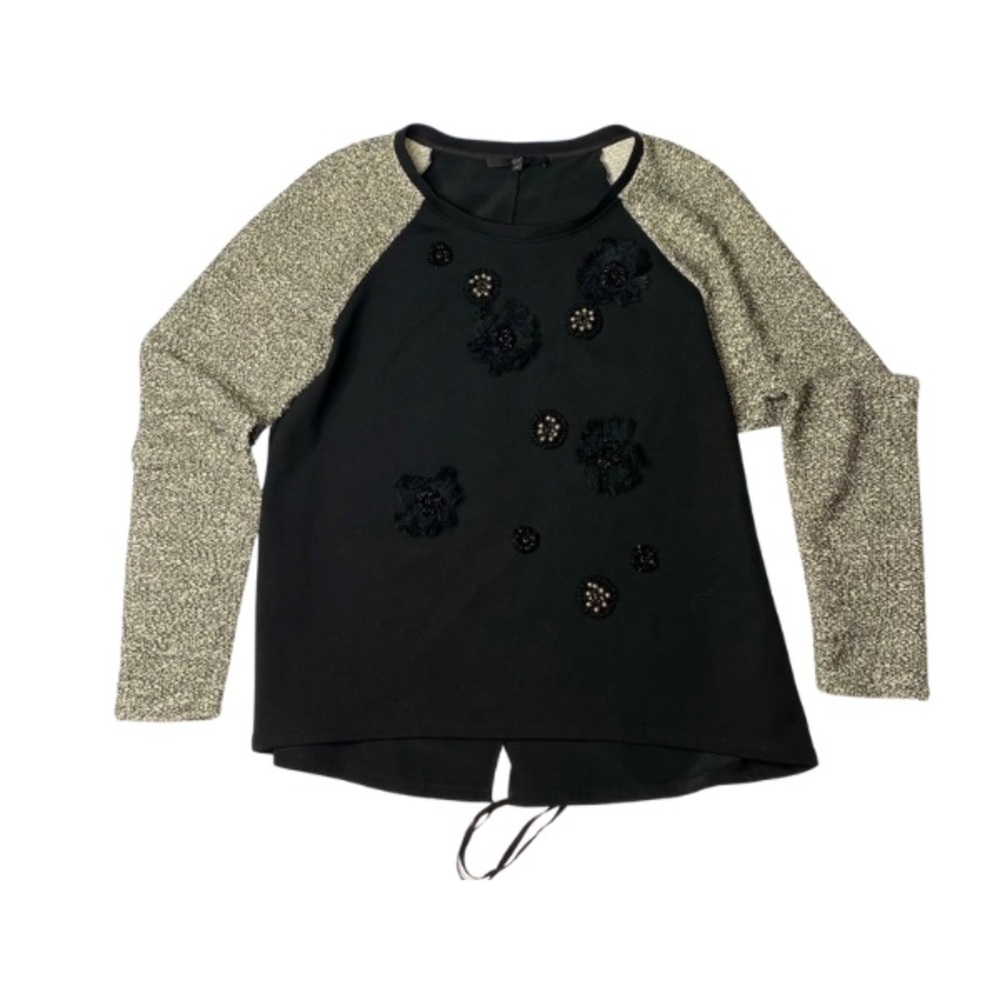 Tibi Embellished Crew Neck Top Long Woven Sleeves, Back Tie Details